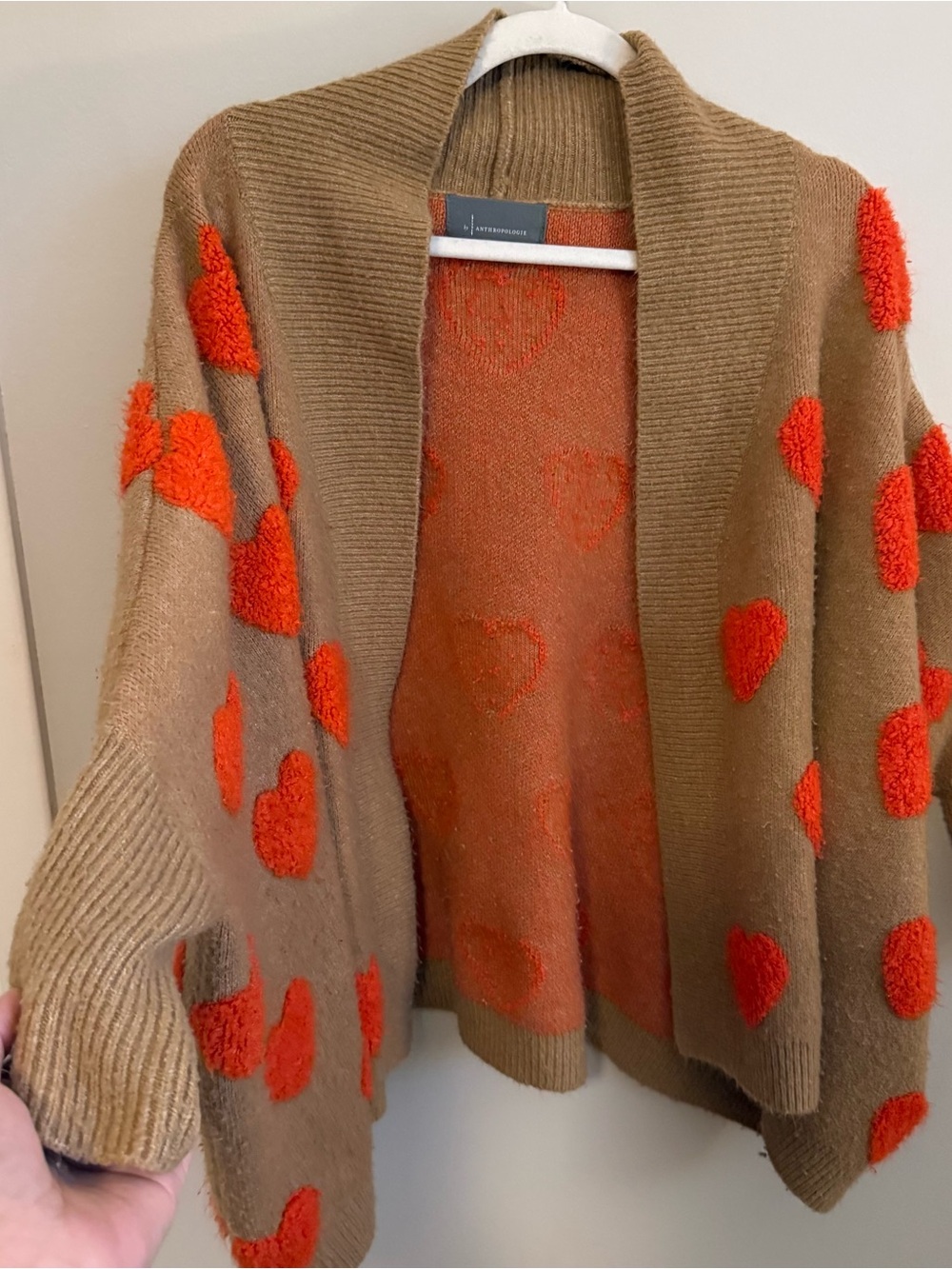 Anthropologie Heart Pattern Cardigan Sweater - Tan with Orange Hearts
